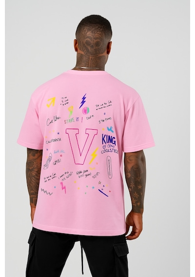 V Baskılı Oversize Beyaz T-shirt Pembe