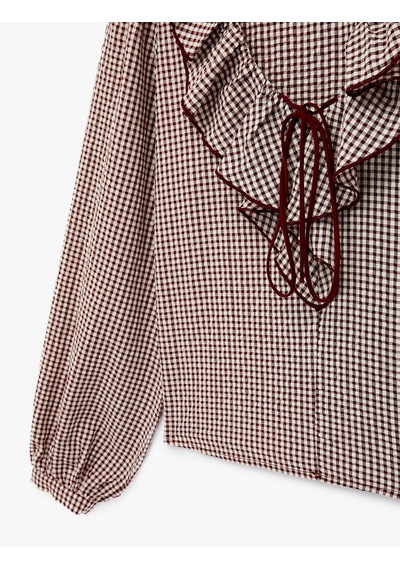Koton Pamuklu Uzun Balon Kollu Bağlama Detaylı Fırfırlı V Bebe Yaka Pötikareli Bluz Bordo Desenli 6sak60200pw Bordo