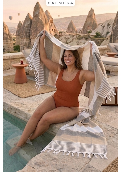Calmera Natura Peştemal Pamuk - Doğal Saçaklı Plaj, Deniz, Havuz, Spa, Sauna, Spor, Seyahat Havlusu - Bej