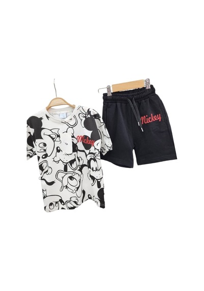 Lolliboomkids Erkek Çocuk Sevimli Karakter Mickey Baskılı Siyah Beyaz Renk Şortlu T-shirt Şort Takım Beyaz - Siyah