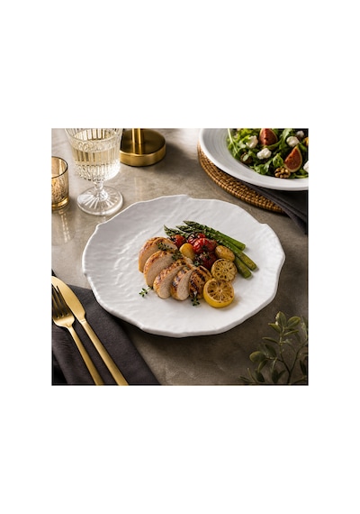 Premium Dokulu Beyaz Termo Melamin Servis Tabağı,27 Cm,kırılmaz Hafif Tabak,modern Sunum Tabağı Beyaz