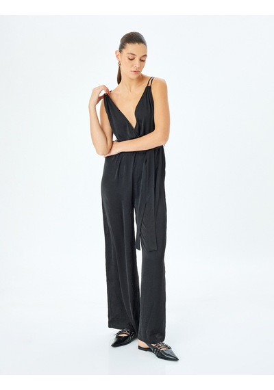Koton Kemerli Geniş Paça Askılı Kruvaze Tulum Siyah 5sak40088pw Siyah