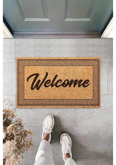 Theclouds Dijital Baskılı Welcome Yazılı Etnik Desen Çerçeveli Dekoratif Kapı Önü Paspası, Kahverengi Diğer
