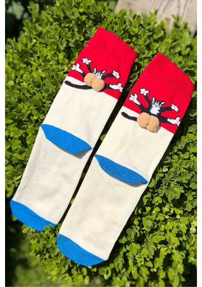 Lousocks Unisex Kırmızı Krem Renk Bloklu Kedi Desenli Ponpon Soket Çorap