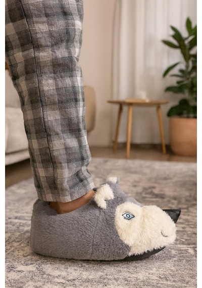 Kurt Figürlü Peluş Panduf Ev Pandufu Unisex Panduf Gri