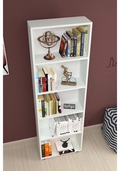 Bofigo Dekoratif 5 Raflı Kitaplık Modern Kitaplık Çınar Beyaz