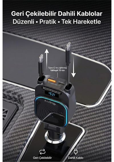 Sc07 96w Araç Şarj Cihazı Pd3.0 & Qc3.0 Hızlı Şarj, Çift Toplanabilir Kablo Type-c + Lightning , Led Ekran,