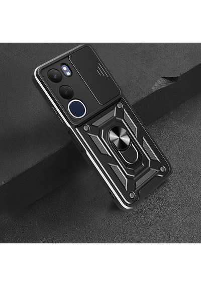 Vivo Y19s Kılıf Magnetik Standlı Kamera Korumalı Zore Sürgülü Vega Kapak Mavi