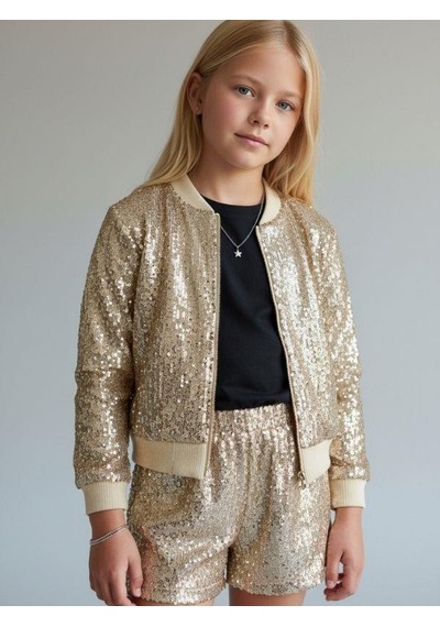 Zekids Kız Çocuk Payetli Bomber Tasarım Ceket-16978 Altın