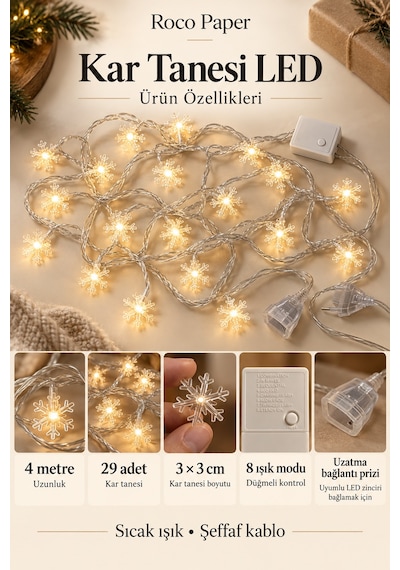 Yılbaşı Kar Tanesi Led Işık 29 Adet , 4 Metre - 8 Fonksiyonlu, Yeniyıl Ağacı Süsü, Şeffaf Kablolu