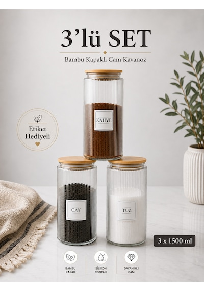 3'lü Ahşap Vakumlu Kapaklı Çay Şeker Kahve Tuz Kavanozu Cam 1400 Ml Şeffaf