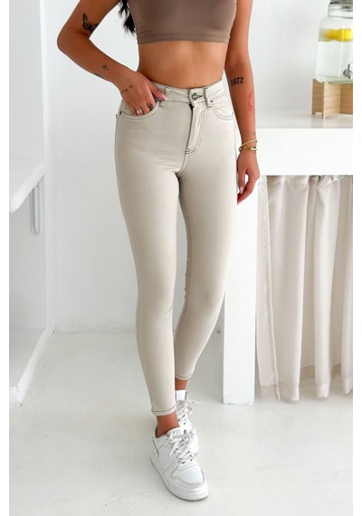 HLT Jeans Kadın Taş Renk Süper Skinny Fit Koyu İplik Detaylı Esnek Likralı Yüksek Bel Jean Kot Pan Jennie-2008 Krem