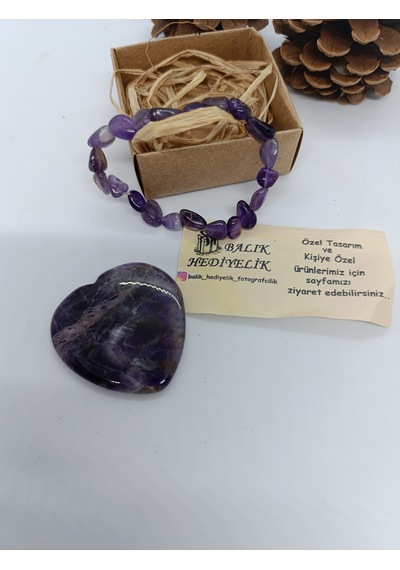 Ametist Taşı Bileklik Ve Kalp Biblo Set -1001/balıkhediyelik 0