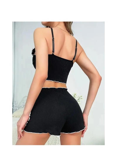 Kadın Siyah Fitilli Askılı Şortlu Pijama Takım 5042