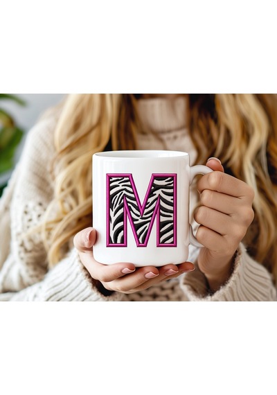 M Harfi Zebra Deseni Ve Pembe Kenarlı Kupa Bardak - Kişiye Özel Nakış Efektli - Siyah Beyaz Pembe Beyaz