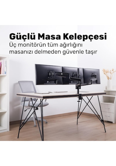 Std48036e 17"-27" Üçlü Ergonomik Monitör Kolu, 3 Ekranlı Amortisörlü Stand, 360 Pivot Vesa Tutucu, Trader/yazılımcı Kurulumu 3x7kg