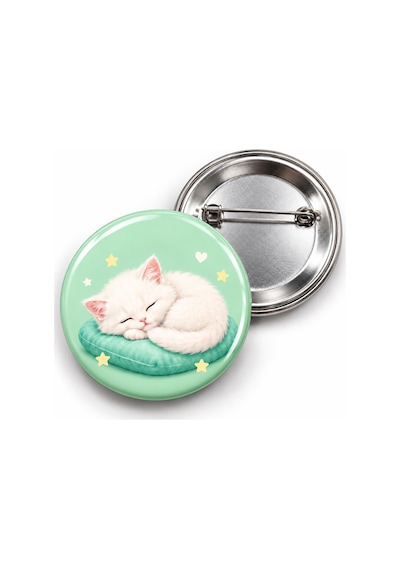 Minderde Uyuyan Beyaz Yavru Kedi - 58mm Rozet Çok Renkli