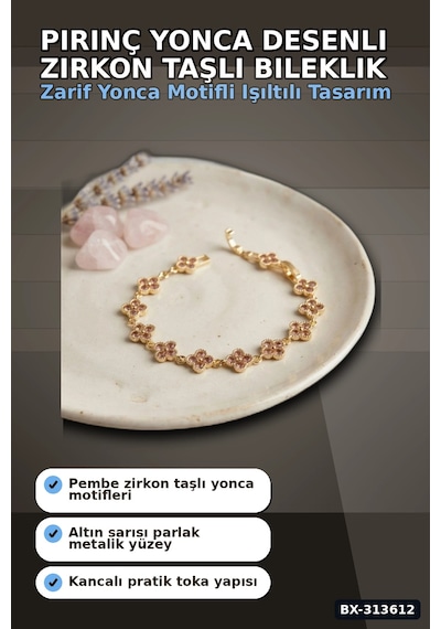 Bay Pirinç Yonca Desenli Zirkon Taşlı Kadın Bileklik - Tekli Paket, Rengi Zarif Aksesuar Bx-313612 Najmaddin Standart