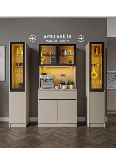 Viona Maxi Kum Beji Komple Mdf Led Aydınlatmalı Kahve Köşesi Bej
