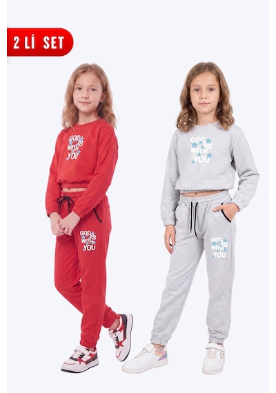 Fyk Kids 2'li Kız Çocuk Bisiklet Yaka Kısa Kesim Baskılı Çift Cepli 4 Parça Eşofman Takımı Kırmızı-gri
