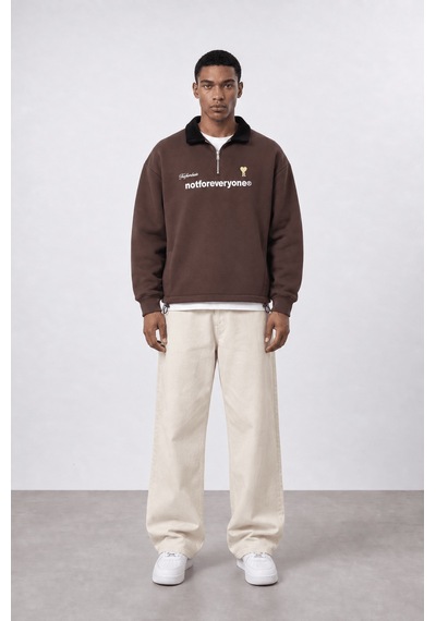 Respire Erkek Not For Everyone Nakışlı Polo Yaka Oversize Sweatshirt Kahve