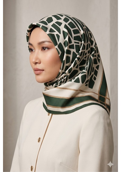 Tarzını Seç Yeşil Mozaik Zincir Fular / Bandana / Aksesuar / Eşarp 90x90 Cm