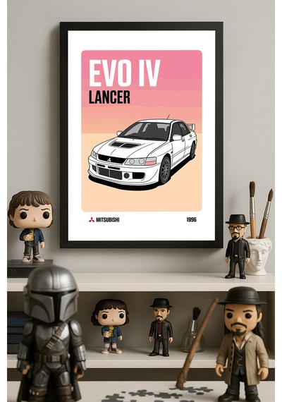 Mitsubishi Lancer Evo Iv Siyah Ahşap Çerçeveli Poster, Dekoratif Araba Duvar Tablosu