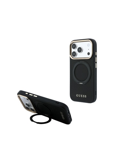 Apple Uyumlu iPhone 18 Pro Kılıf Guess Lisanslı M-safe Özellikli 360 Standlı Pu Metal Yazı Logolu Kapak Siyah