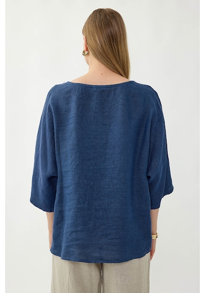 Vitrin %100 Keten Geniş Yaka Oversize Kısa Kol Bluz Lacivert