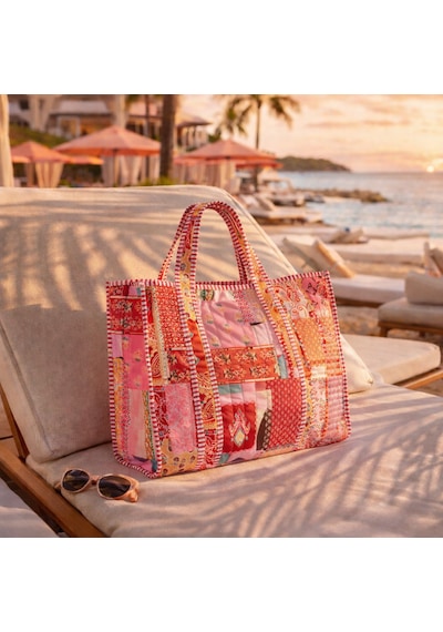İcone Bag Patch Yama Desen Baskılı Kapitoneli Plaj Çantası, İçi Çizgili Baskılı Shopper Çanta, Pembe Plaj Çantası