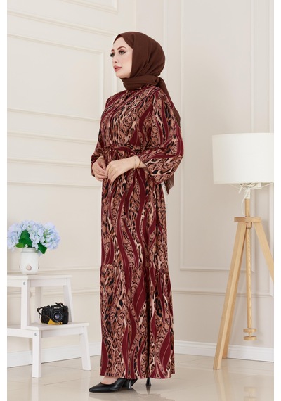 Sevitli Leopar Desenli Beli Tünelli Viscon Elbise-bordo-5087 Bordo