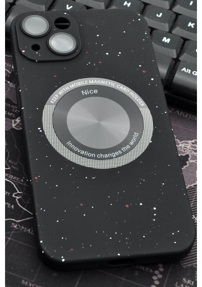 Apple Uyumlu iPhone 13 Uyumlu Siyah Benekli Desenli İnce Sert Kapak Kılıf Kamera Lens Korumalı Siyah -