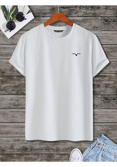Kuş Logo Minimal T-shirt - Beyaz Oversize Baskılı Bisiklet Yaka Beyaz