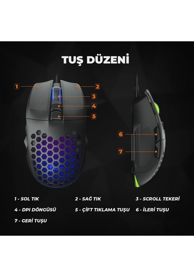 Ms107 Kablolu Rgb Led Aydınlatmalı 103 Gr Ağırlık Terleme Önleyici Malzeme Delikli Tasarım Optik Sensör 3200dpı 7 Tuşlu Oyuncu Mouse Siyah