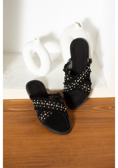Dabab Shoes İnka Kadın Hasır Dokulu Kuş Gözü Detaylı Düz Siyah Terlik