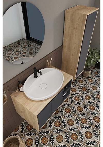 Gül 80 Cm %100 Mdf Lavabolu Banyo Dolabı Ayna Alt Dolap Lavabo Boy Dolabı Antrasit
