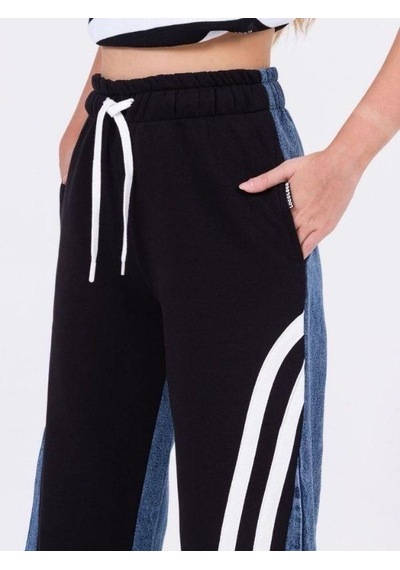 Zekids Kız Çocuk Şeritli Bol Paça Denim Pantolon-13453-siyah Siyah