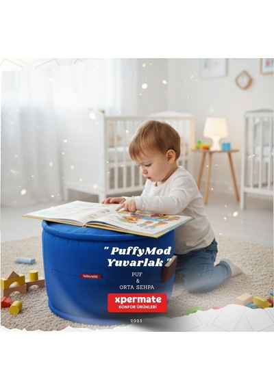 Dekoratif Yuvarlak Puf Orta Sehpa Puf 60x42 Cm Puffymod Mavi
