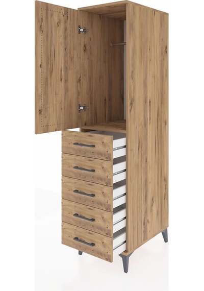Kronos Dolap Tek Raflı 5 Çekmeceli Tek Askılı 44x59x182 Çam-çam Çam