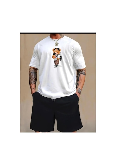 Medinenur Peluş Ayı Baskılı T-shirt Short Bol Paça Rahat Kalıp Siyah Alt Siyah Üst Short Takım Beyaz