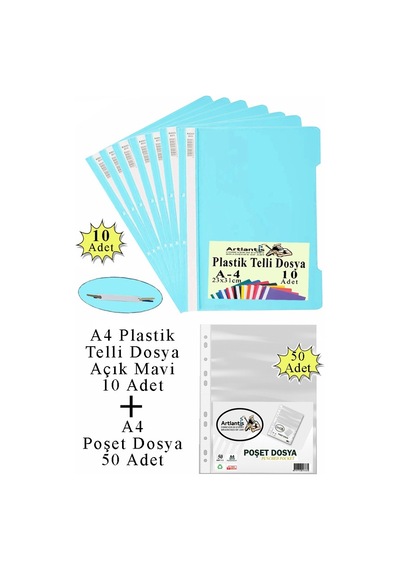 Telli Dosya Plastik A4 10 Lu Ve Poşet Dosya 50 Li 1 Paket Ekonomik Kaliteli Şeffaf Kapak Telli Dosya Okul Büro Ofis Açık Mavi