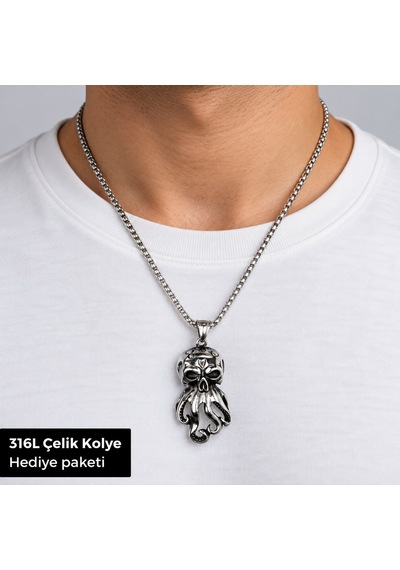 316l Çelik Ahtapot Detaylı Figürlü Erkek Kolye Mask Tasarımlı Metal Kolye Altın - Gümüş