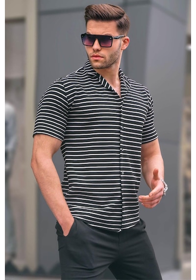 Madmext Siyah Çizgili Slim Fit Erkek Kısa Kol Gömlek 5591