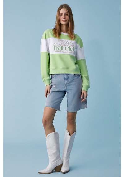 ETHIQUET Ethıquet Payne Kadın Bisiklet Yaka Oversize Beyaz / Fıstık Yeşili Sweatshirt Yeşil - Beyaz