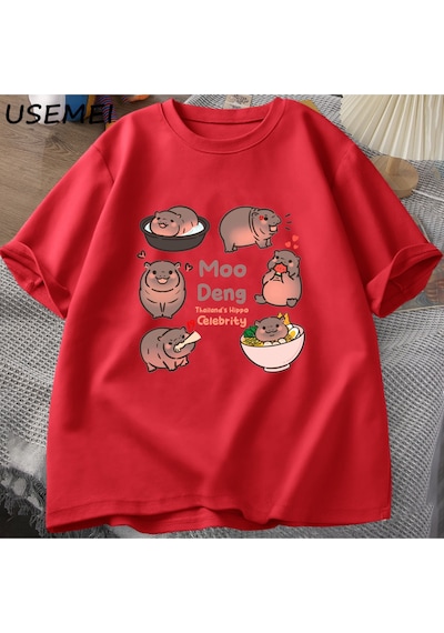 Flood Of Style Tayland Yılında Moo Deng Bouncy Domuz Bebek Hippo Khao Kheow Açık Hayvanat Bahçesi T-shirt Ko Kırmızı