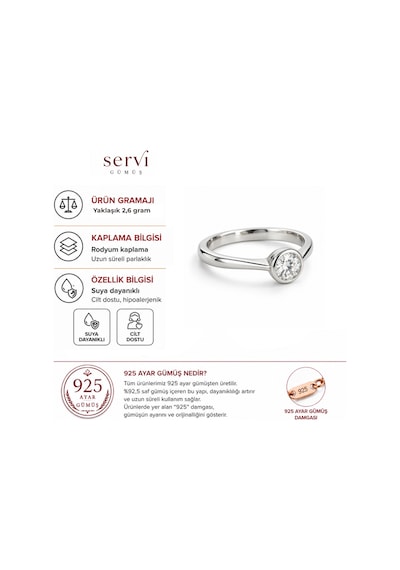 Servi 925 Ayar Gümüş Pure Light Yuvarlak Kesim Gümüş Çerçeveli Tektaş Yüzük -510