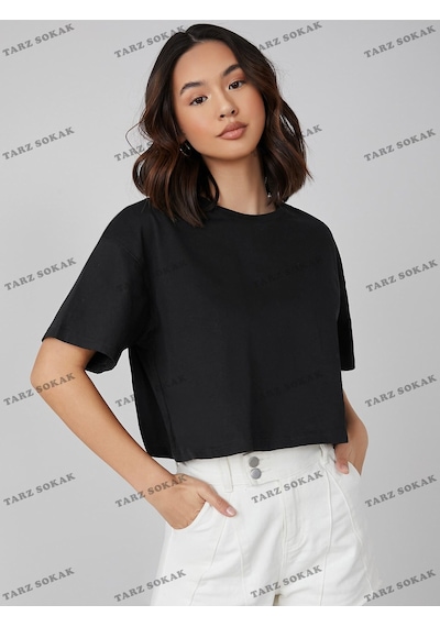 Flood Of Style Crop Ckod-232913 Pamuk Damla Omuz Düz Kısa Siyah