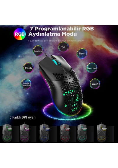 J900 Kablolu 6400 Dpı Rgb Oyuncu Mouse Diğer