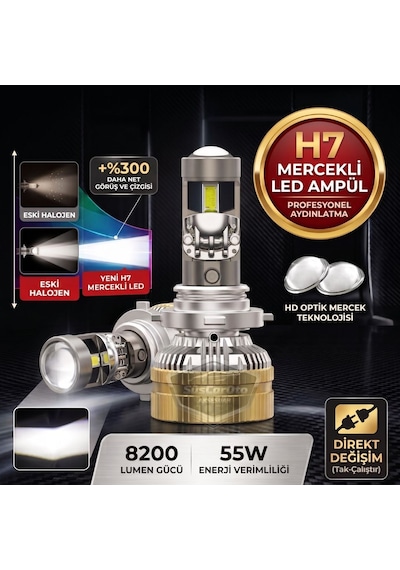 H7 Lazer Mercekli Far Ampulü Ufuk Çizgili Otomobil Araç Motosiklet Uyumlu Profesyonel Mini Projektör Led Beyaz Led Xenon Lamba 8200lm Şimşek Etkili Uzun Kısa 2 Adet 12/36v 55w