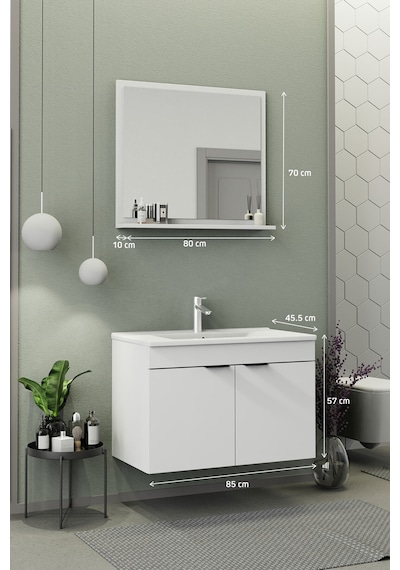 Biani Fix Arya 85 Cm Banyo Dolabı,Seramik Lavabolu, Aynalı,Lavabo Dahil,Mdf,Mat Beyaz